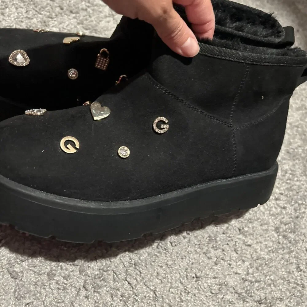 GB Black Suede Faux Fur Lined Boots with Charms - Women’s Size 8